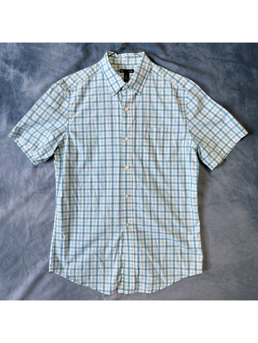 Gap Short Sleeve Plaid Shirt Light Blue Green White M - 1210-2G